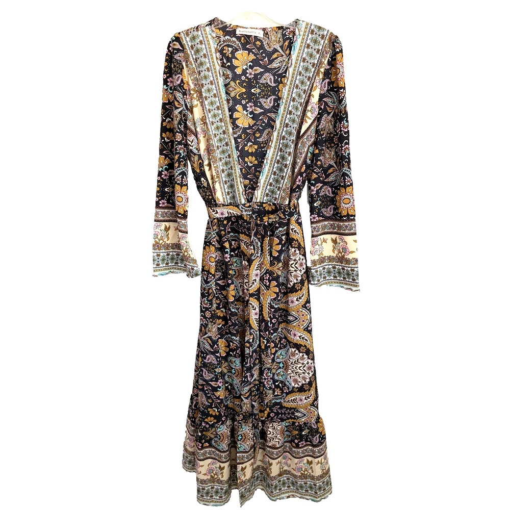 Rusttydustty Dress Womens XL Black Floral Boho Paisley Maxi Hippie Sleeve Belted